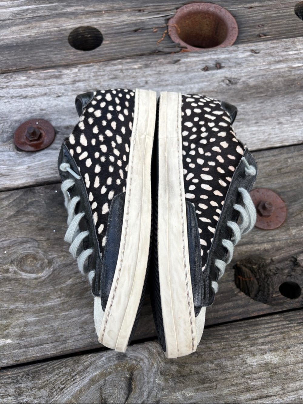 P448 Women’s Sz8.5/9 Unisex-John Sneakers Cowiena Calf Hair Black/Cream #318 - Picture 6 of 13